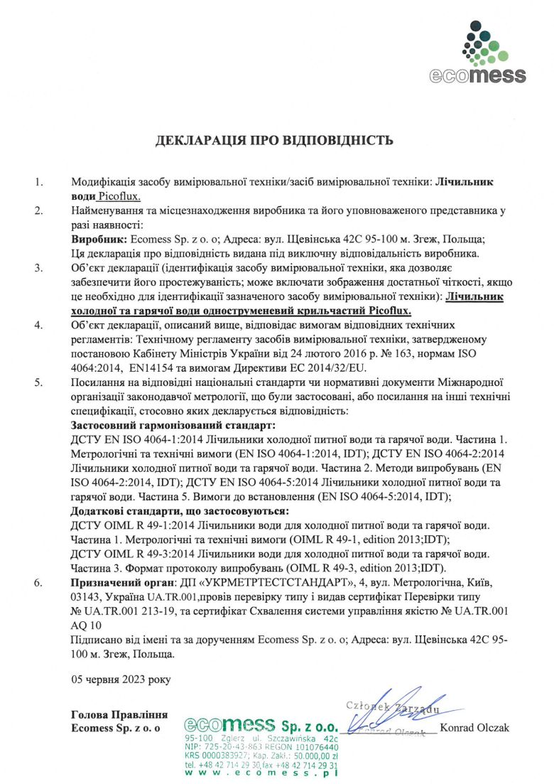 Декларація про відповідність Picoflux